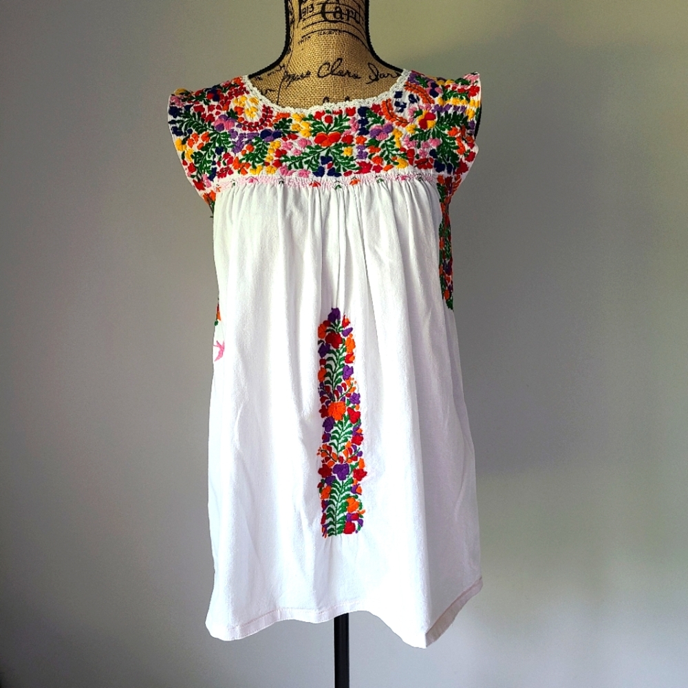 Mi Golondrina White Blouse with Multicolor Embroidery